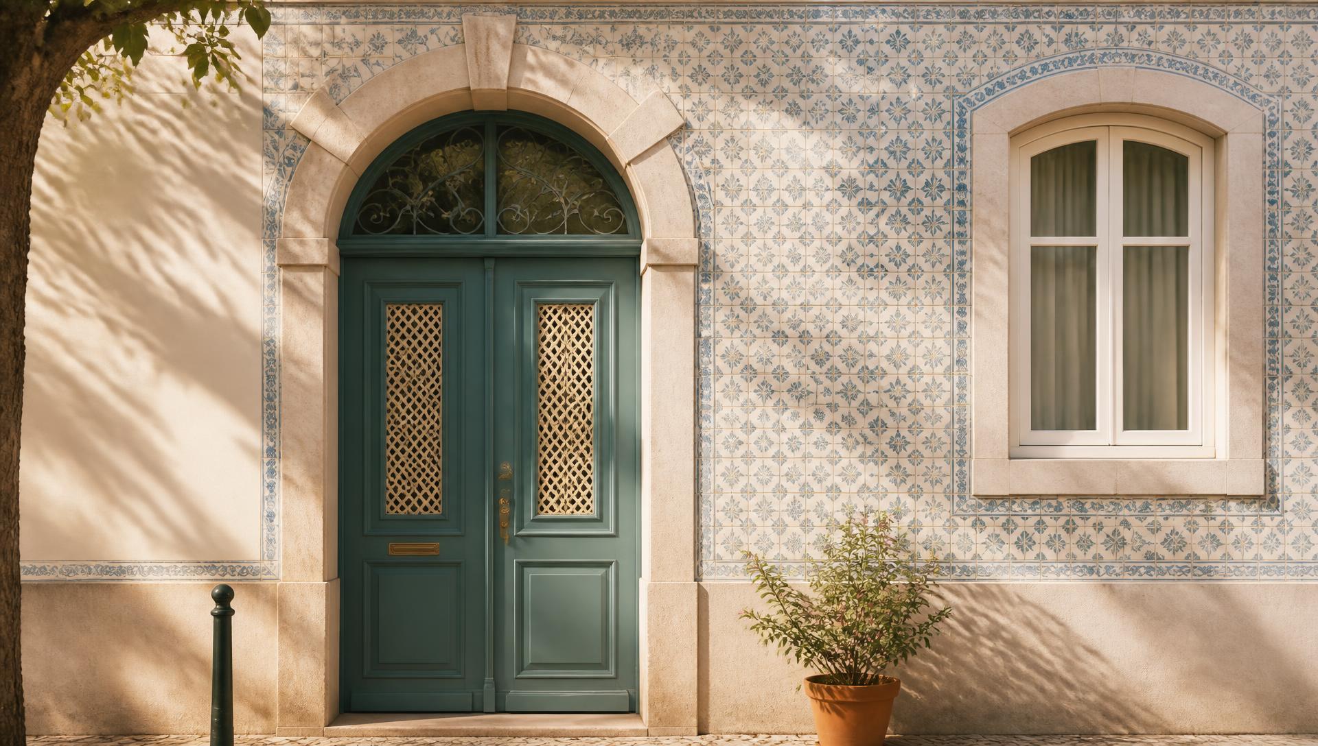 Calm Lisbon doorway with pale azulejo tiles in morning light