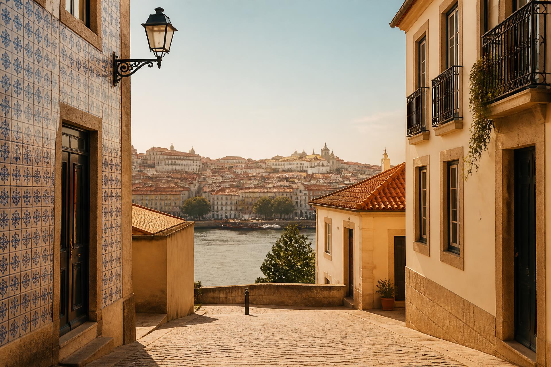 Sunlit Portuguese street with azulejo tiles and a river view