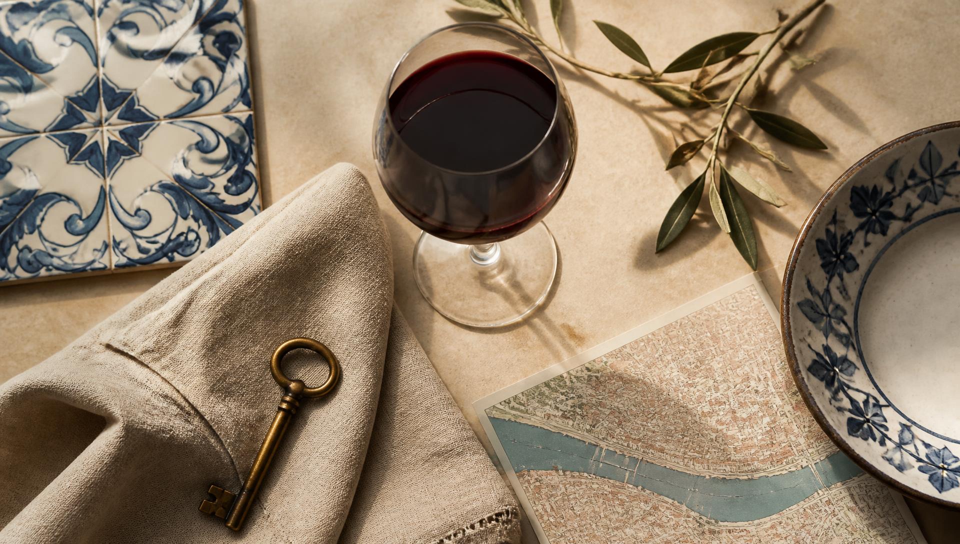 Editorial flat-lay of Portugal lifestyle details: azulejo tile, house key and olive branch