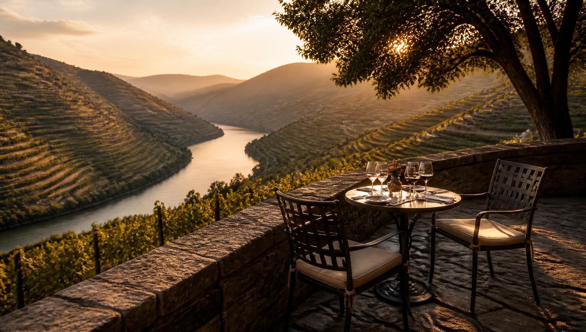 Terrace table overlooking the Douro Valley vineyards